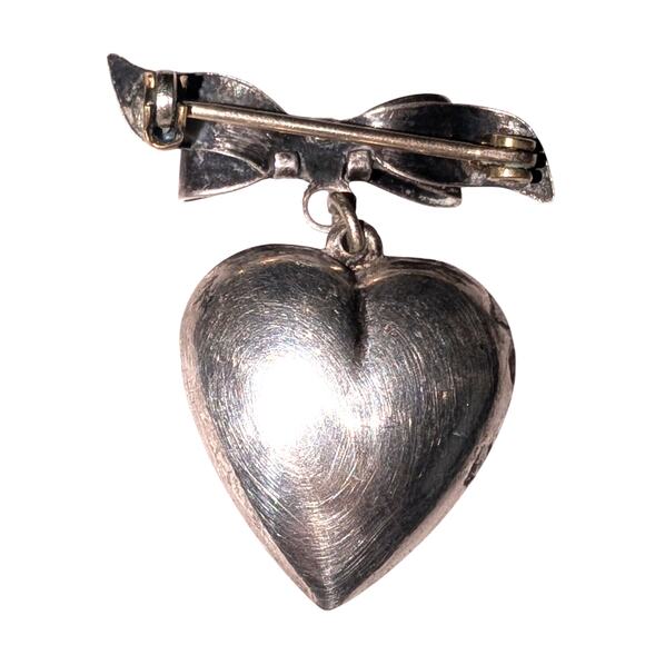 Vintage WWII Era Silver Puffy Heart Bow Eagle Crest Brooch 1.5 inches - Picture 4 of 5